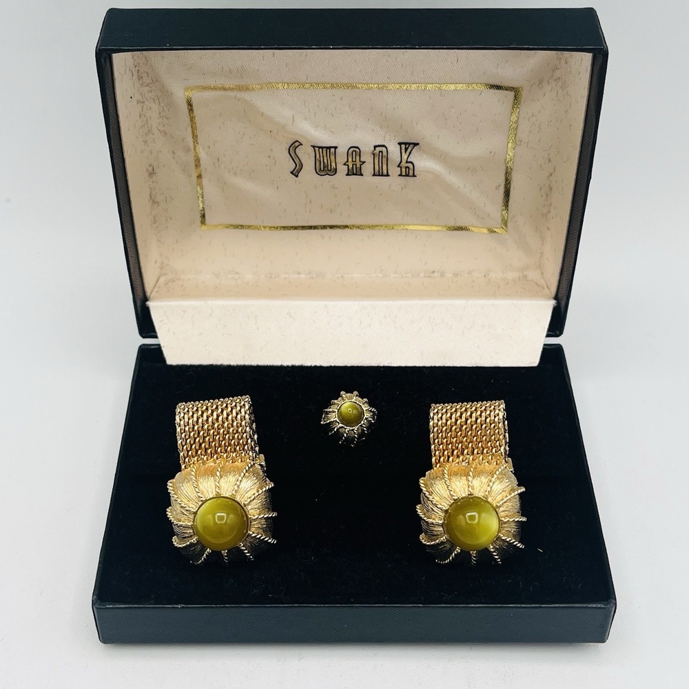 Vintage 1950s Swank Green Moonglow Gold Cufflinks Tie Tack Set Mesh Wrap Around‎